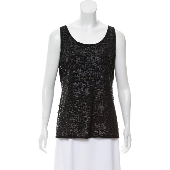$285 EILEEN FISHER Black SEQUINED Fine MERINO Wool SHELL Knit TOP Shirt (XS)