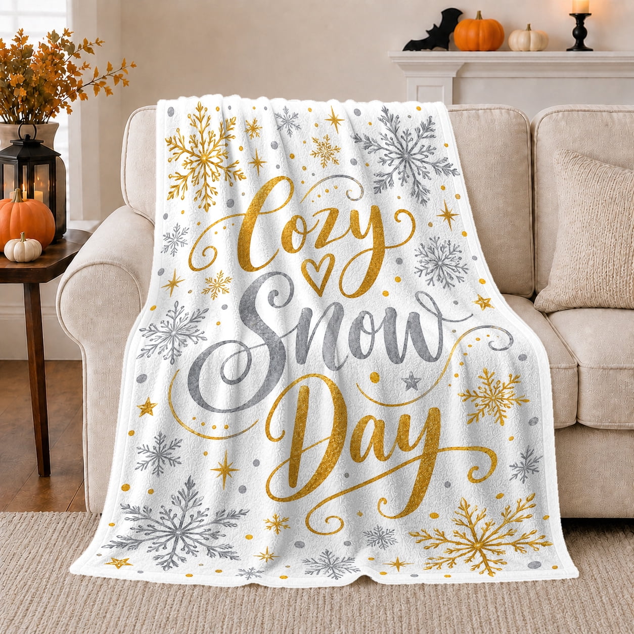 Snow Day Metallic Gold Script Winter Festive Holiday Scene Warm Flannel Blanket for Home Library and Reading Nook Art Lovers Valentine s Day Gift Celestial Home Decor