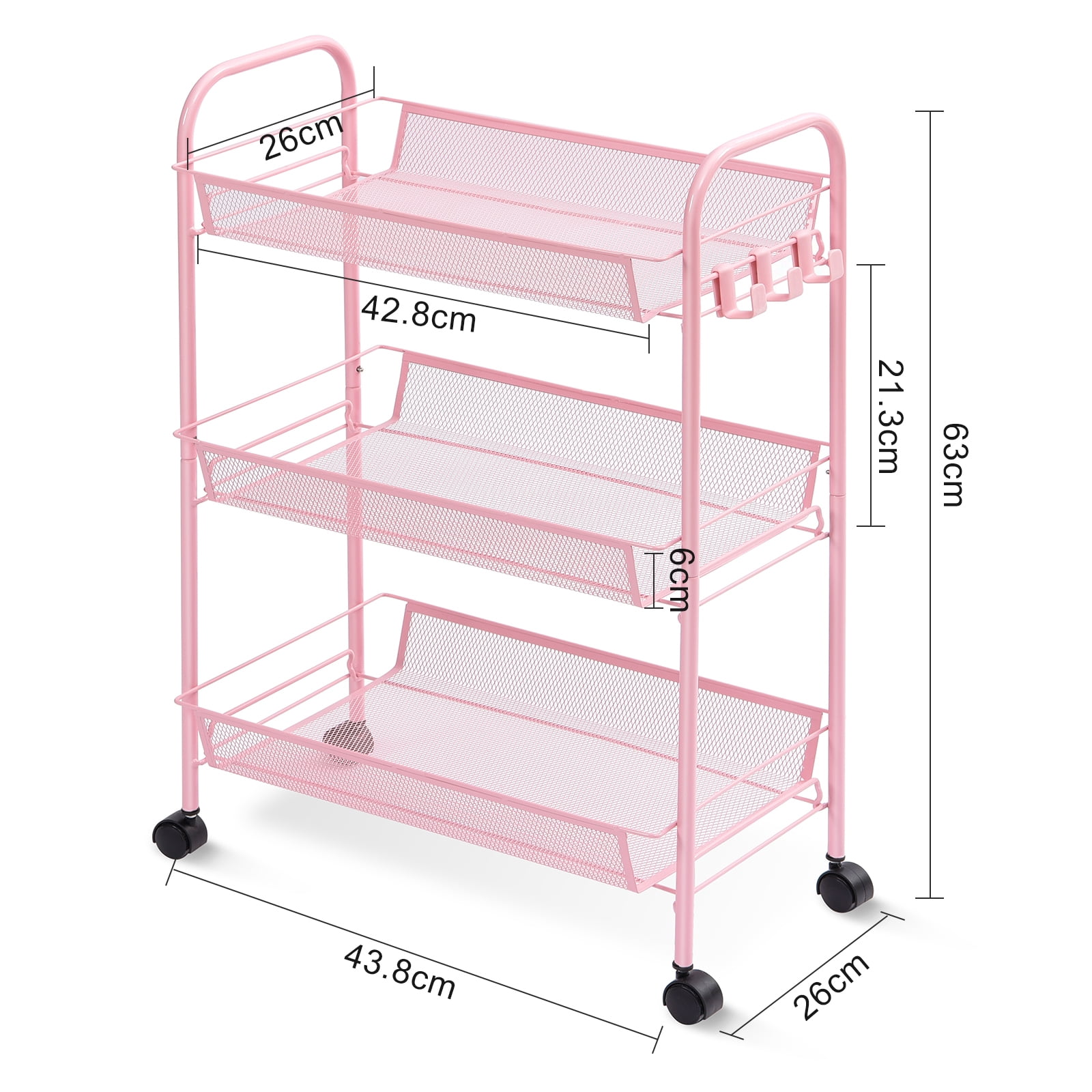 KK KINGRACK 3 Tier Rolling Cart Organizer, Mesh Cart with Wheels, Utility Cart for Office, School,Storage, Pink
