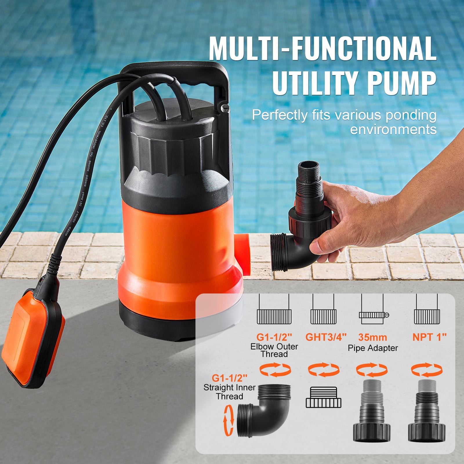 KFFKFF Water Removal Pump, 1 HP Power, 4000 GPH Flow Rate, 31 ft Max Lift, Submersible Sump Pump with 10 ft Power Cable for Pool, Garden Pond, and Basement Draining