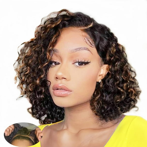 Apeasex Perruque en Cheveux Humains Bouclés Sans Colle Perruque en Dentelle Courte Perruque Bouclée Cheveux Humains 180 % Densité Vague Profonde Perruques en Cheveux Humains pour B