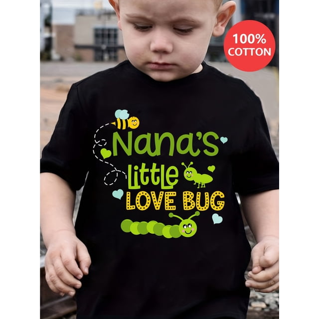 Camiseta informal de verano de algodón puro para niño - "NANA'S LITTLE LOVE BUG" con estampado de dibujos animados, fresca, cómoda y atractiva. Regalo.