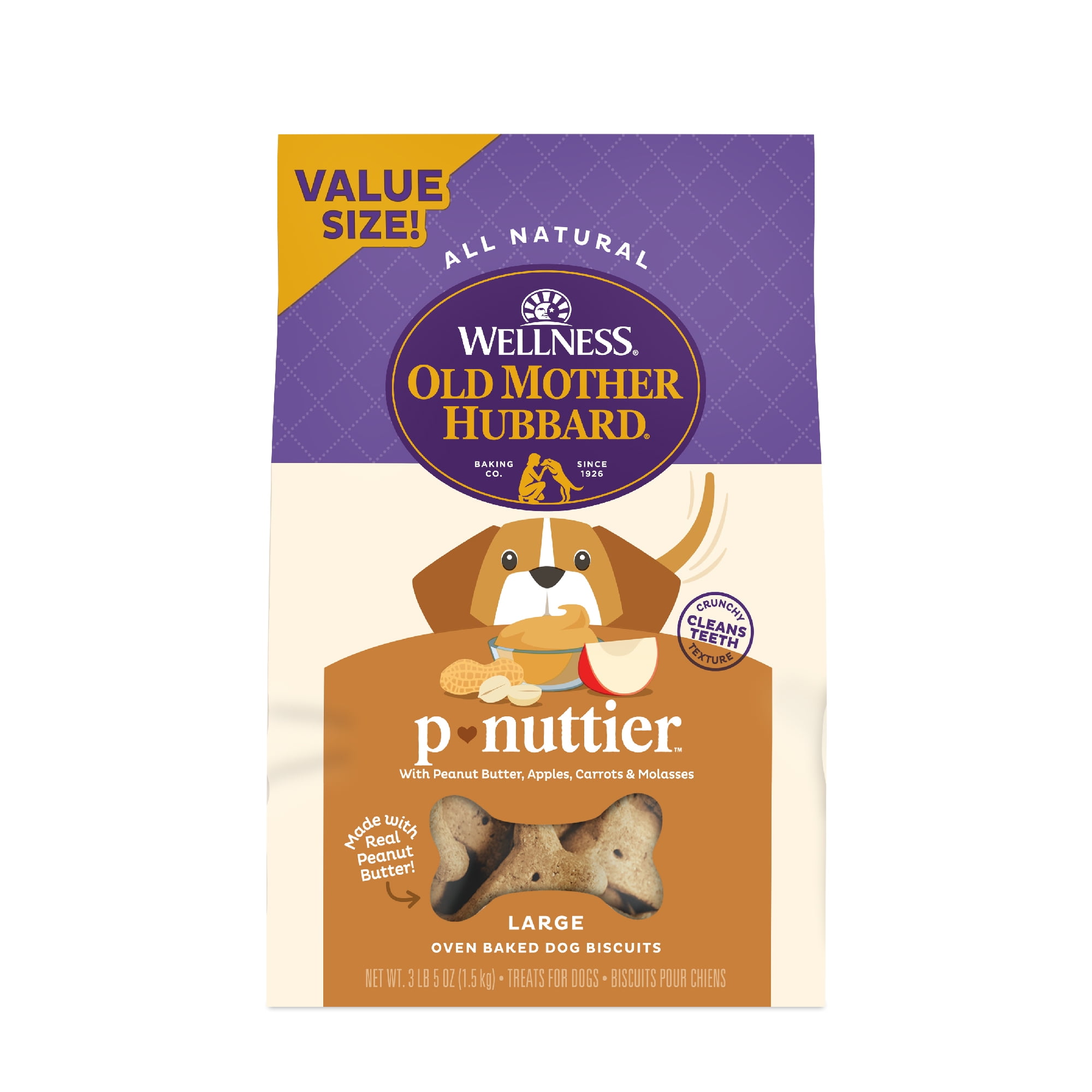 Wellness Old Mother Hubbard Classic P-Nuttier Dog Biscuits, Natural Training Treats, Peanut Butter Flavor, Large Size, 3.3 lb Bag
