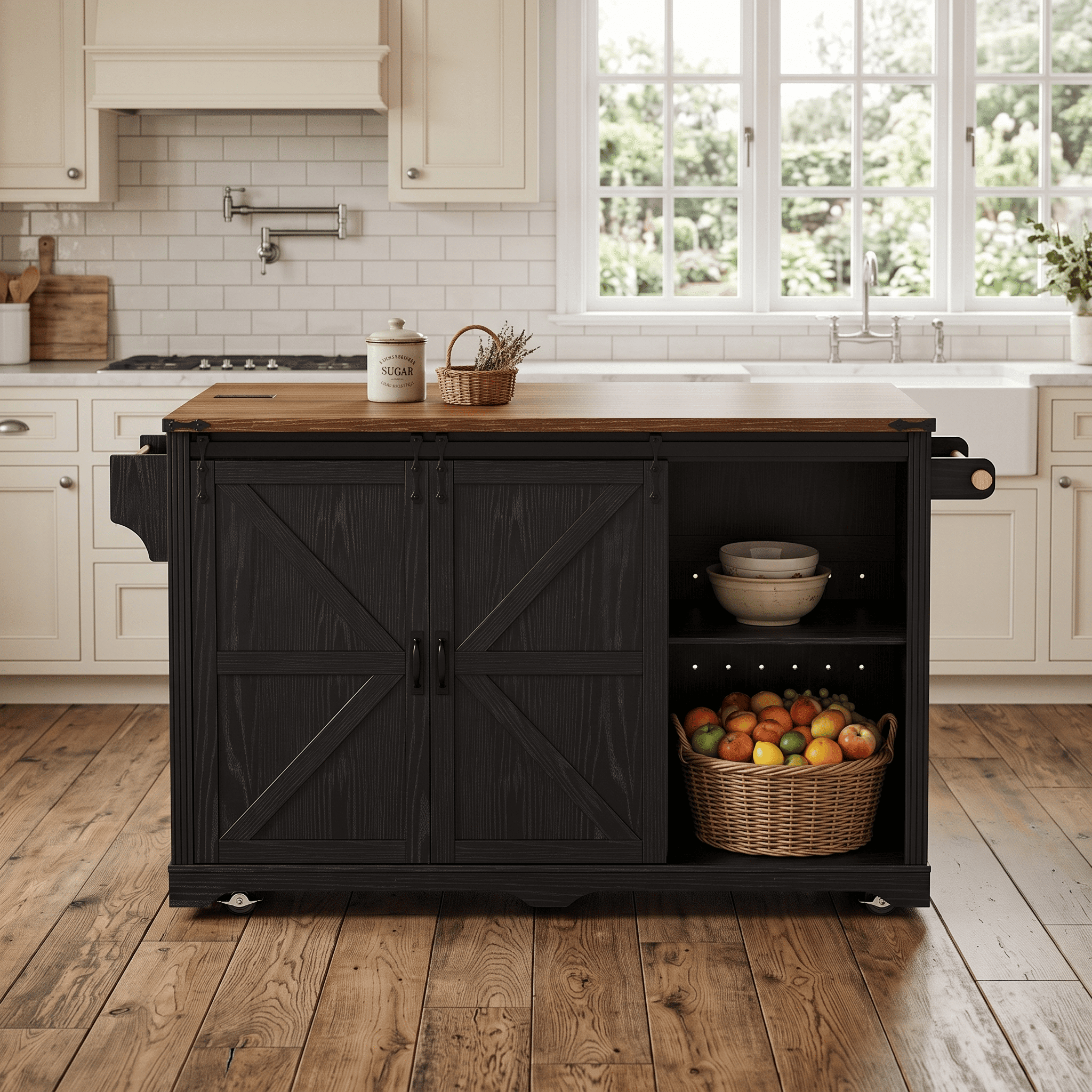 Homy Casa 72" Farmhouse Kitchen Island with Drop Leaf, Power Outlet and 2 Mini Fridge Bays, Black