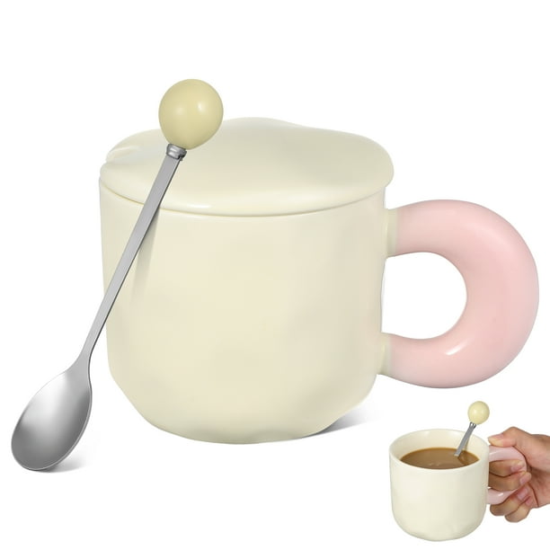 1 juego de taza de té de cerámica, bonita taza de café, taza de desayuno, taza de té, taza de cerámica estética, taza de café grande con tapa y cuchara, 301-400 ml
