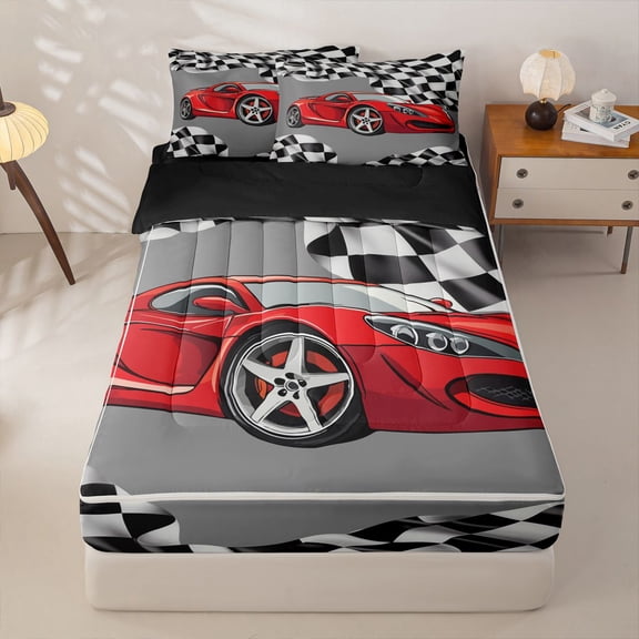 Manfei Red Sports Cars Zipper Twin Comforter Sets with Fitted Sheet and 2 Pillowcases,Classic Racing Print Zipper Bedding Set,Black Reversible,4pcs
