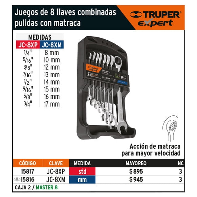 Juego llaves combinadas con matraca, 8 pzas, Truper Expert Expert Juego llaves combinadas con matraca, 8 pzas, Truper Expert