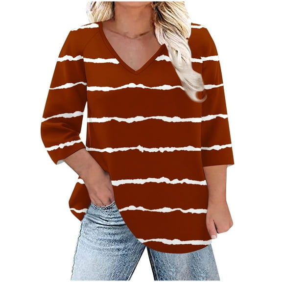 Plus Size 3/4 Sleeve Tops for Women Trendy Casual V Neck Striped Print Graphic Tee Loose Fit Summer Fall Tshirts (XL, Wine)
