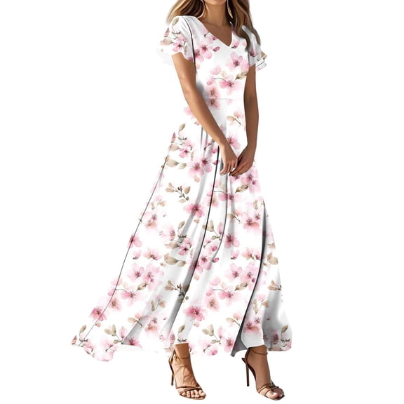 Staron Summer Dresses for Women Beach Sundress Floral Print Short Sleeve V-Neck Ruffled Hem Slim Fit Casual Party Cocktail Vacation Dress, XXL
