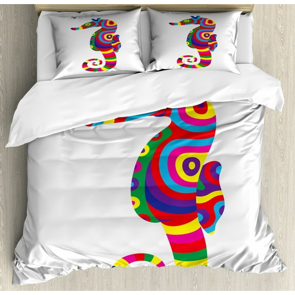 Animal Decor Queen Size Duvet Cover Set, Graphic of Funny Several Colored Seahorse Fauna Bony Fish Retro Maritime Object, Decorative 3 Piece Bedding Set with 2 Pillow Shams, Multi, by Ambesonne