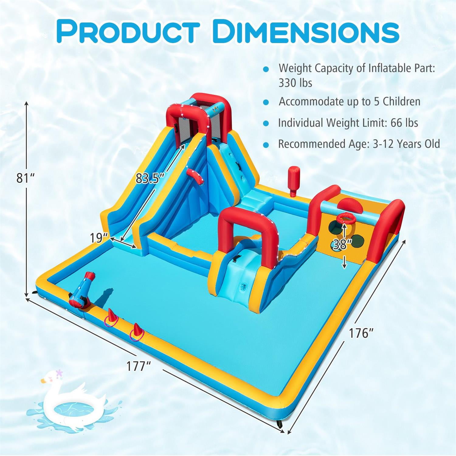 Demi Bonn 9-In-1 Giant Inflatable Water Slide, Climbing Wall + Obstacle Course + Sports Games, No Blower, Multicolor