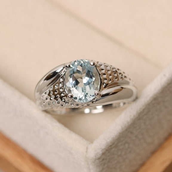 Oval cut aquamarine ring, solitaire ring, March birthstone, sterling silver, aquamarine gemstone
