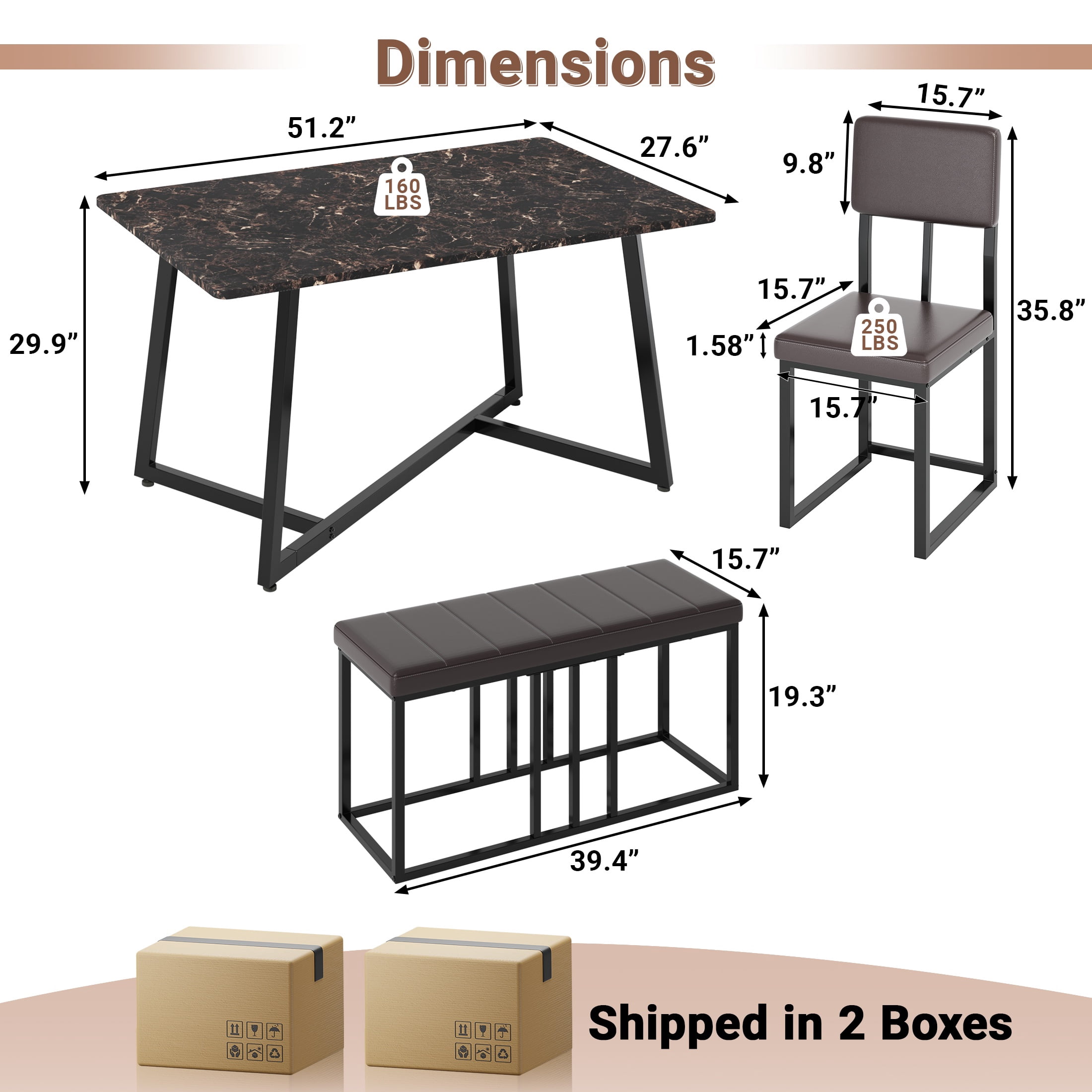 PORKISS Dining Room Set for 6, Modern Dining Table Set for 6 with Faux Marble Table, 4 Leather Chairs and 1 Cushion Bench, Metal Frame, Black + Brown