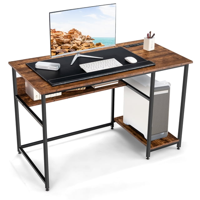Costway 48" Table d'Étude d'Écriture de Bureau d'Ordinateur avec Prise de Courant Ports USB Rustique