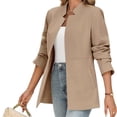 thumbnail image 3 of Spring Fall Stand Collar Solid Color Women Long Sleeved Open Front Work Office Blazer Coat, 3 of 6
