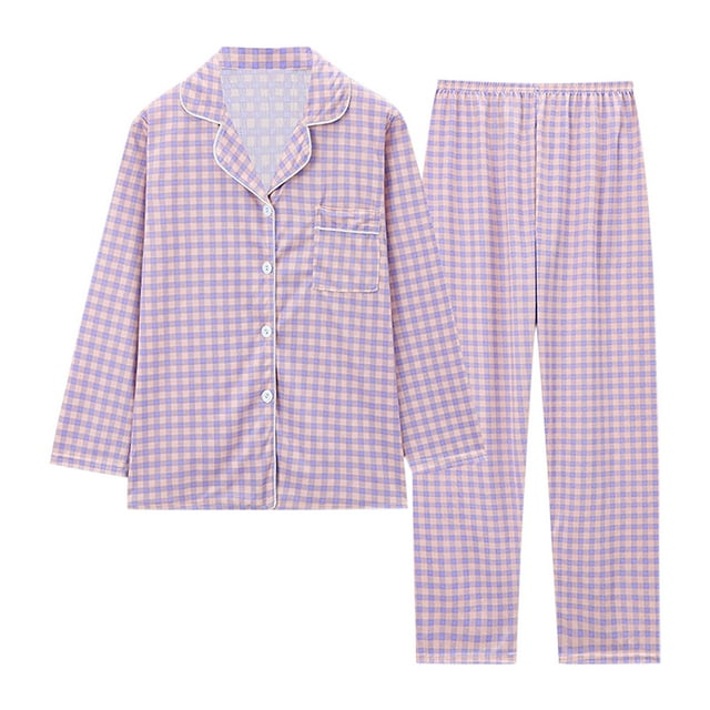 Women’s Plaid Full-Length Pajama Set – Button-Down Top & Elastic Waist Pants (Classic Comfort for All Seasons)
