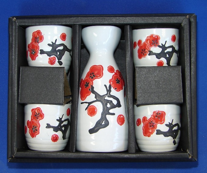 Japanese Ceramic Sake Set Cherry Blossom Saki With Four Cups Other Japanese Collectibles