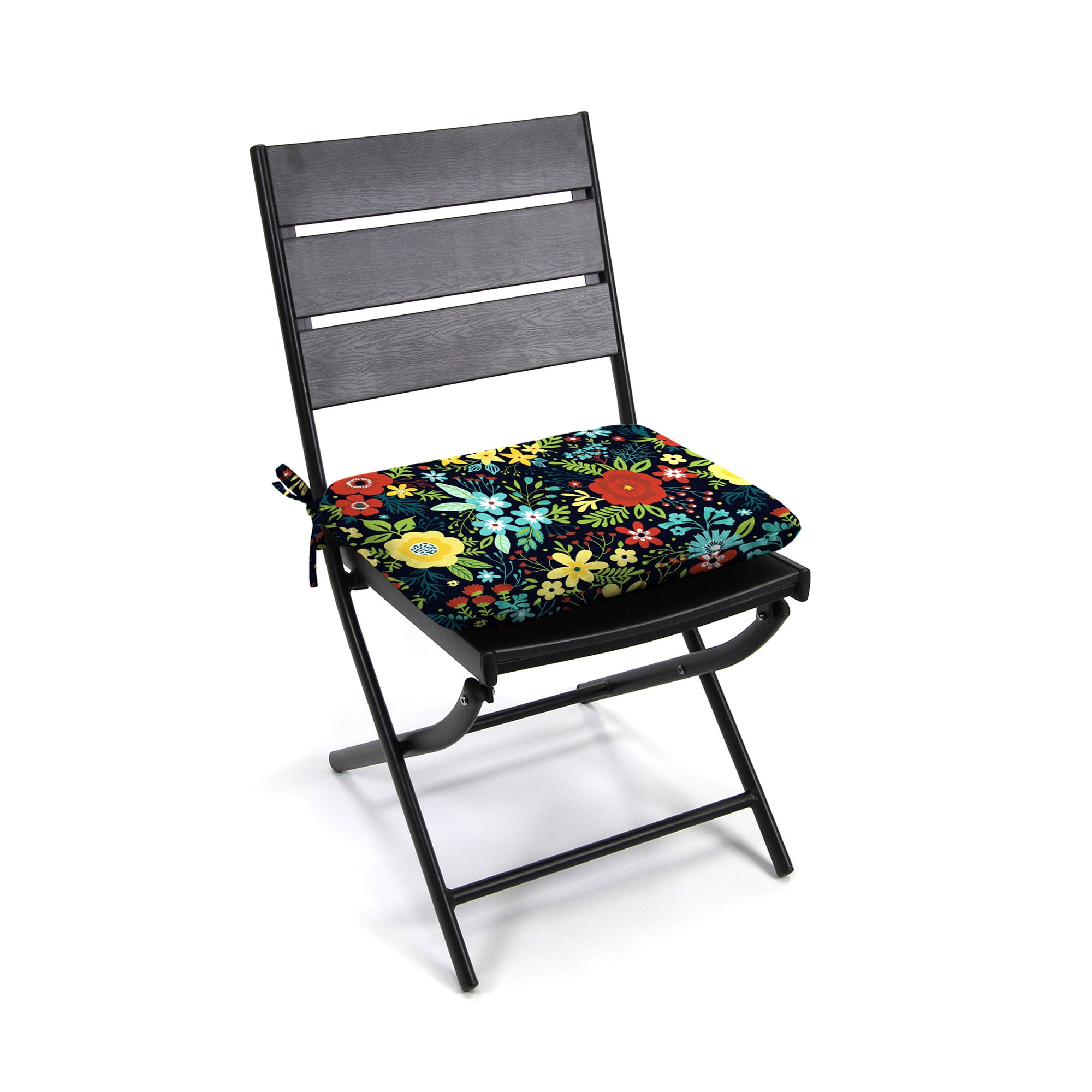 Jordan Manufacturing 16" x 16" Black Floral Square Outdoor Chair Pad Seat Cushion with Ties (2 Pack)