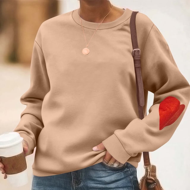 Babysbule Chandail à Capuche Sans Capuche pour Femmes Manches Longues Mignon Cœur Coude Patch Chandail Col Rond Ample Décontracté