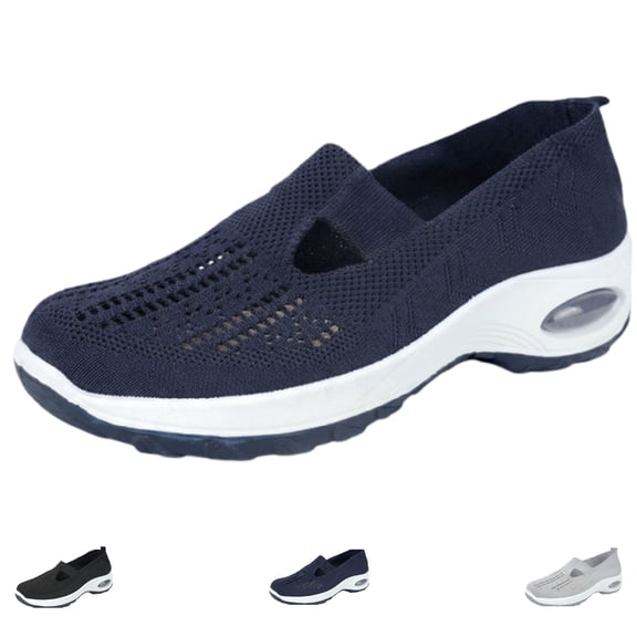 Women's Woven Orthopedic Breathable Soft Shoes Go Walking Slip on Foam Shoes Hands Free Slip in Sneakers Arch Support (Blue)