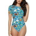 thumbnail image 1 of Saiise Motif Coq et Poules Grenouillère à Manches Courtes pour Femmes Col Rond Pyjama Justaucorps Extensible avec Fermeture à Pression-TTTG, 1 of 7