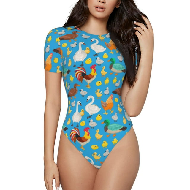 Saiise Motif Coq et Poules Grenouillère à Manches Courtes pour Femmes Col Rond Pyjama Justaucorps Extensible avec Fermeture à Pression-TTTG