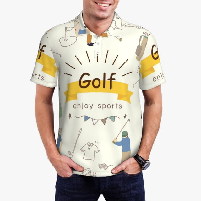 Fotbe Golf Icons And Golfer Pattern Men’s Golf Polo Shirt – Breathable Performance Golf Shirt with Button-Down Collar-3X-Large