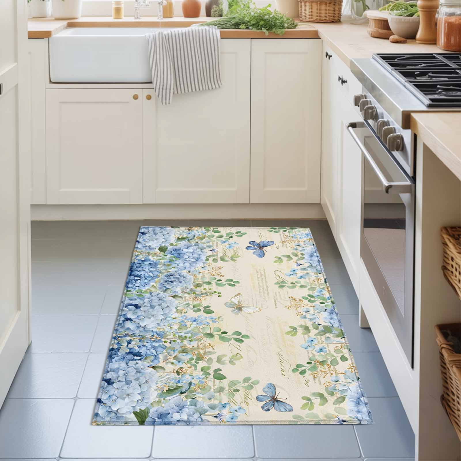 Bathroom Rugs 2x3 Ft, Blue Hydrangea Non Slip Area Rugs for Kitchen Bedroom Entryway, Spring Summer Eucalyptus Farmhouse Retro Washable Carpet Runner Rug Floor Mats for Bedroom Home Decor