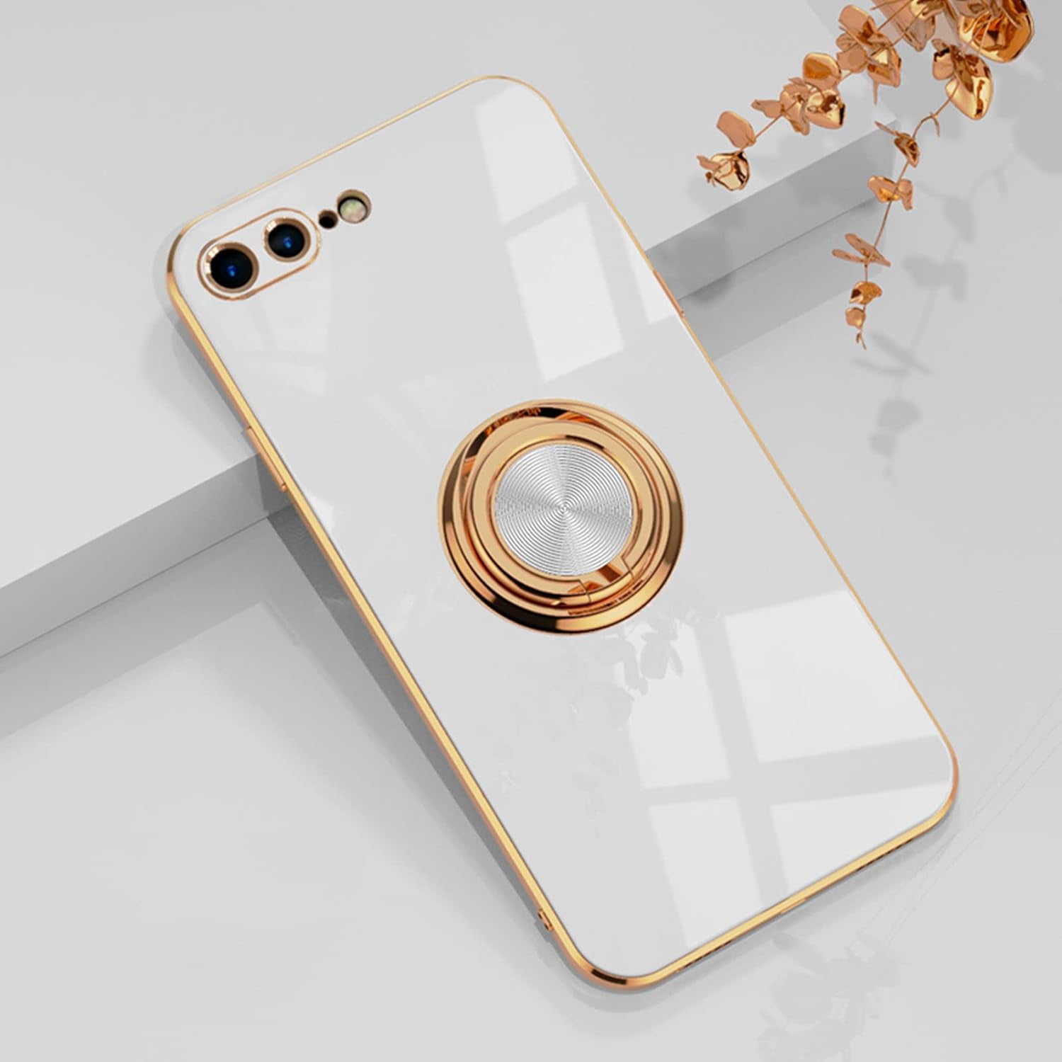 for iPhone 8 Plus/iPhone 7 Plus Case with Ring Holder, 360 Rotatable Magnetic Kickstand Support Car Mount Slim Shockproof for Women Men Protective Phone Case 5.5", Milky White/Gold
