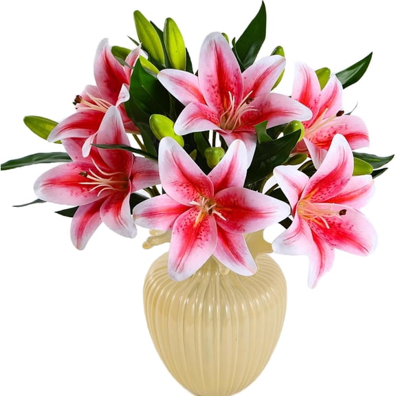 KUNPENG 6Pcs Tiger Lily Artificial Flowers Real Touch Fake Lilies with Stems Faux Lilies Bouquet for Wedding Floral Arrangements Easter Home Table Centerpiece Office Decor(Pink