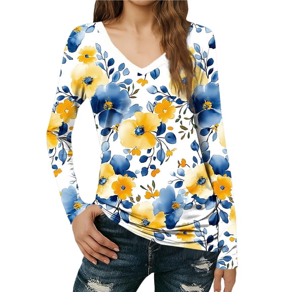 Womens Long Sleeve T Shirts Casual V Neck Graphic Printed Slim Fit Basic Tee Comfy Pullover Tunic Tops (XL, Yellow)