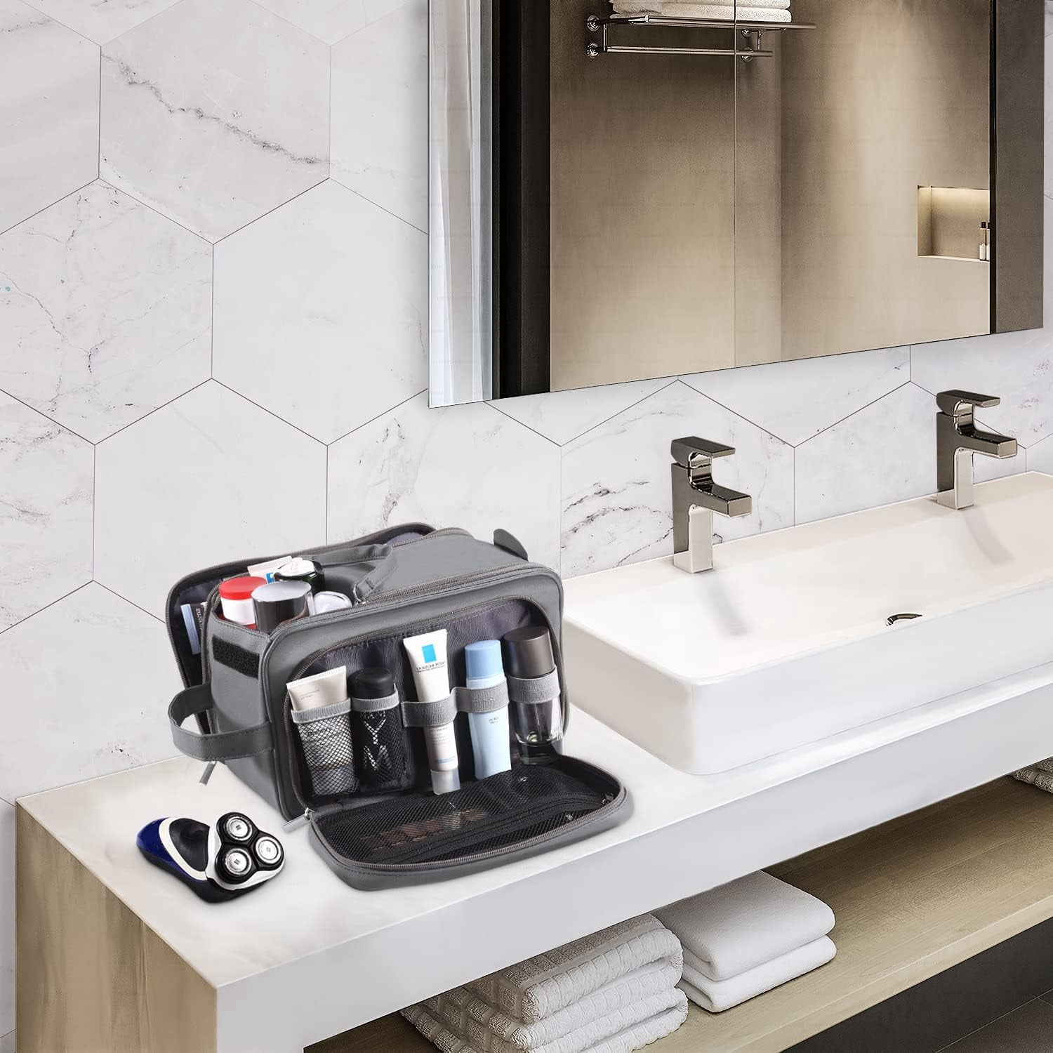 Large Capacity Toiletry Bag for Men, Leather Hanging Toiletry Organizer Cosmetics Makeup Bag, Gray