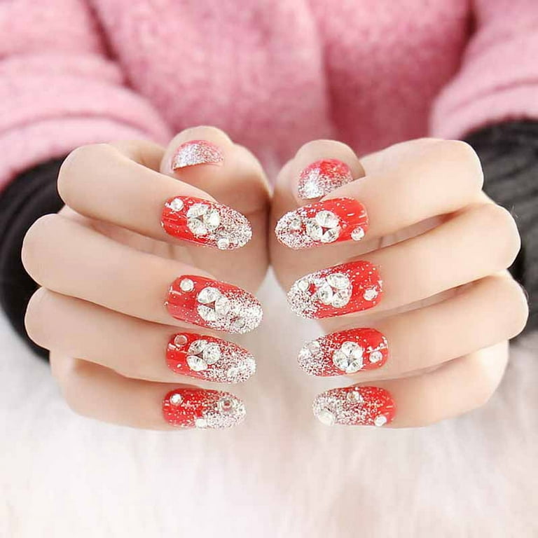 3D Glitter Nail Tips Red Bride False Nails Shinning Rhinestone