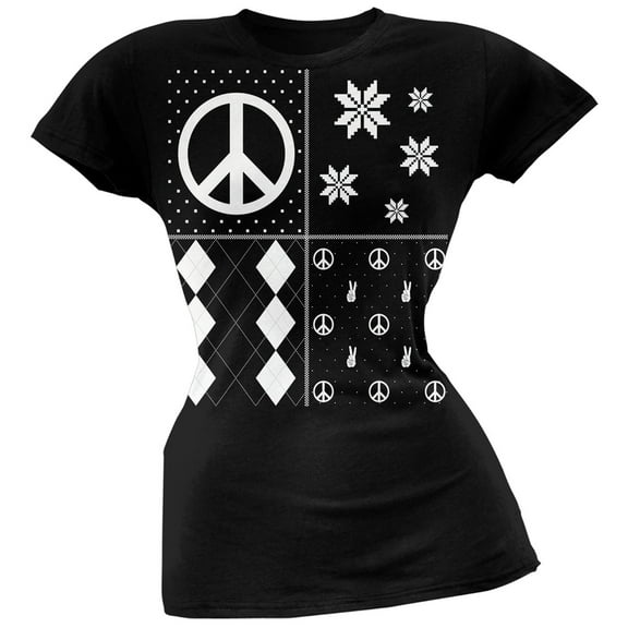 Peace Sign Festive Blocks Ugly Christmas Sweater Black Soft Juniors T-Shirt - Medium