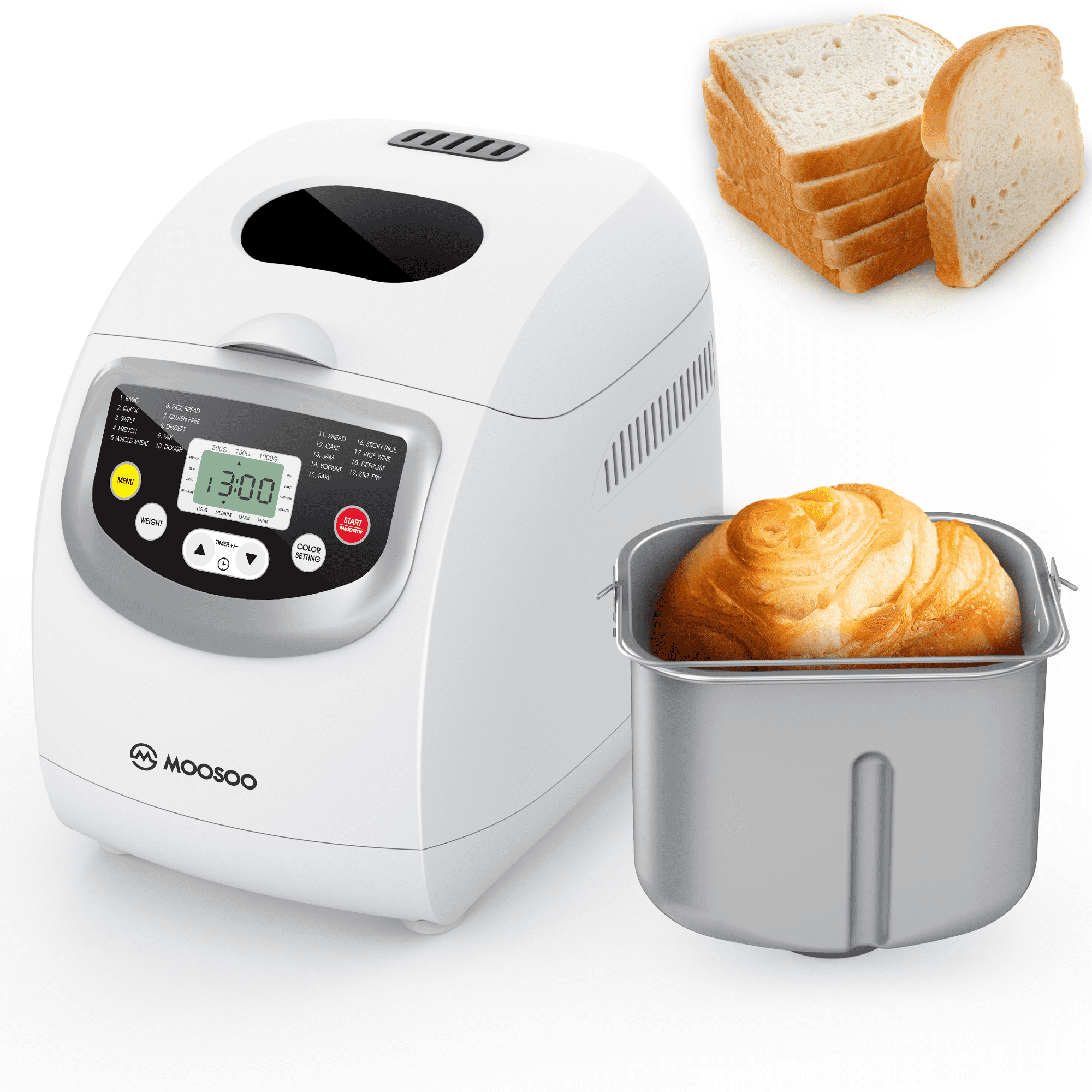 MOOSOO 2lb Bread Maker Machine, 19 Preset Programs, Gluten Free, Digital Display