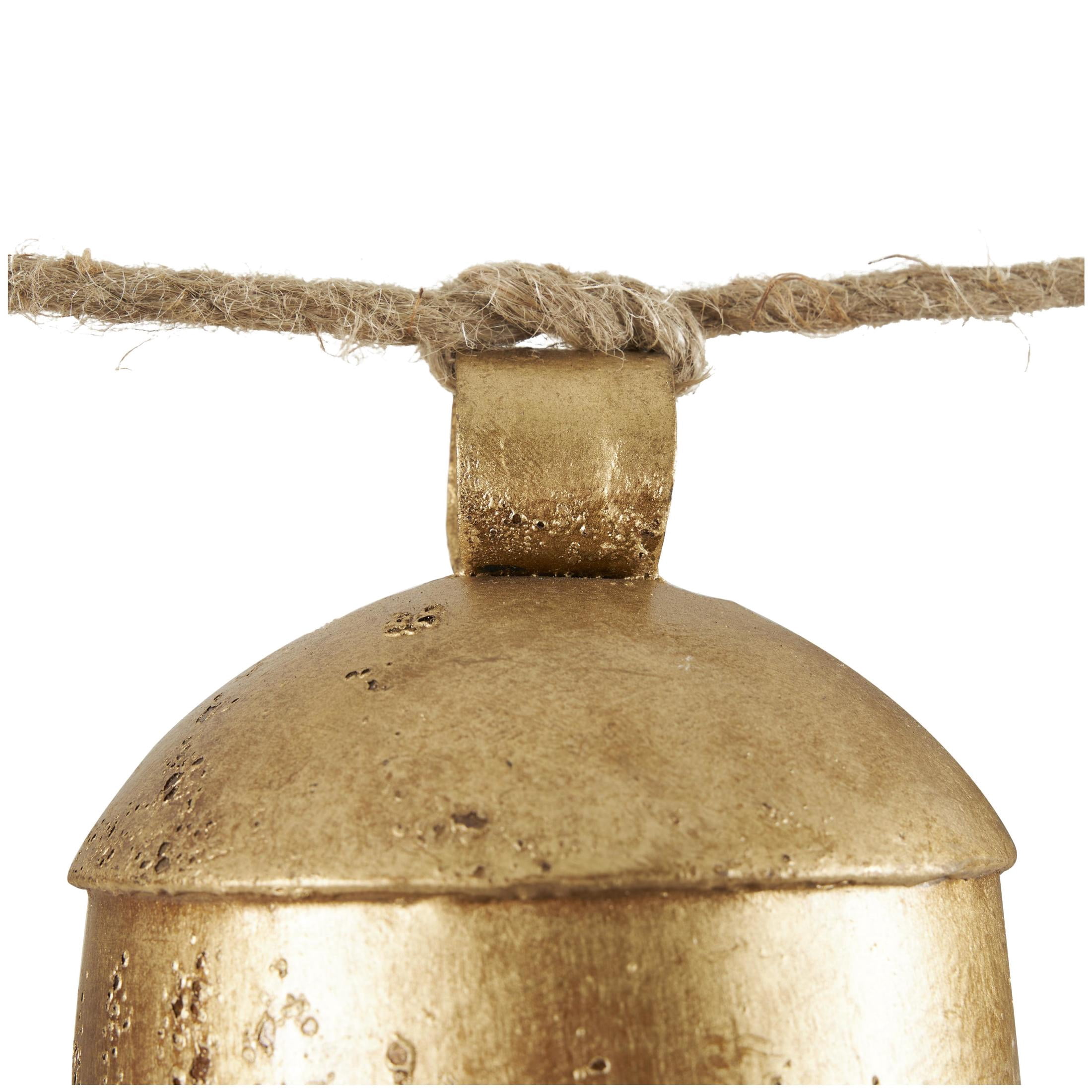 DecMode Tibetan Inspired Gold Metal Cylindrical Decorative Cow Bells with 7 Bells on Jute Hanging Rope