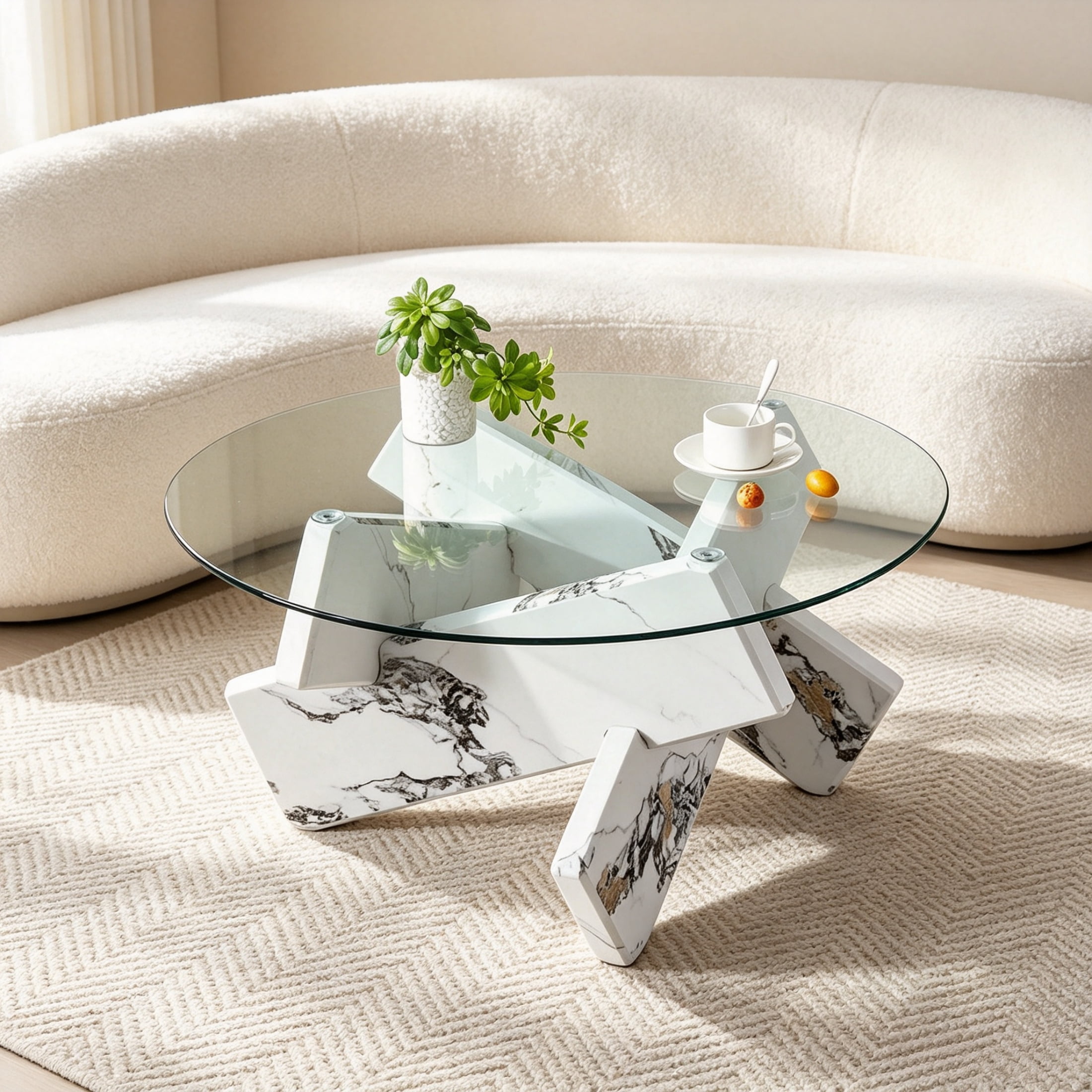 Vinform Round Coffee Table for Living Room, Transparent Glass, White