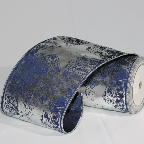 Navy Blue and Silver Star Wired Craft Ribbon 6" x 20 Yards