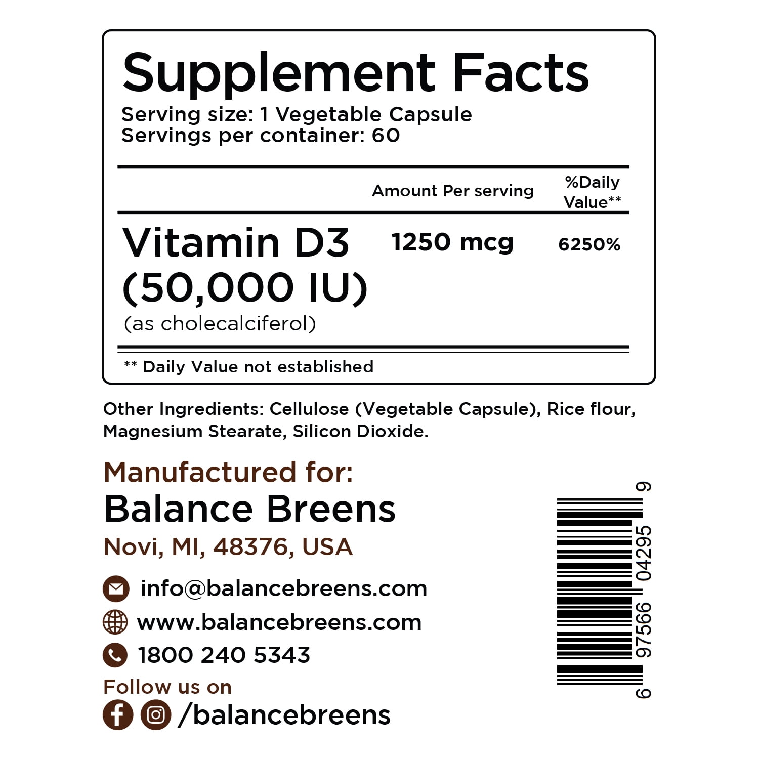 Vitamin D3 50,000 IU - 60 Veggie Capsules - High Potency Gluten, Free Non-GMO Supplement by Balance Breens