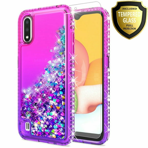 LG Stylo 7 4G Case, [Not fit for LG Stylo 7 5G/ LG Stylo 6], with [Tempered Glass Protector Included] Liquid Floating Glitter Quicksand Bling with Spot Diamond Cover - Pink/Purple