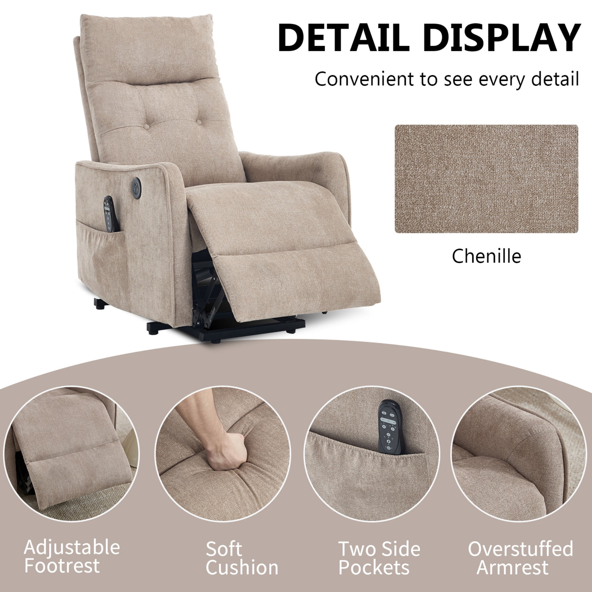 Aukfa Power Lift Recliner Chair with Massage and Heat for Elderly, Electric Chair with USB Port & Side Pocket for Living Room, Khaki