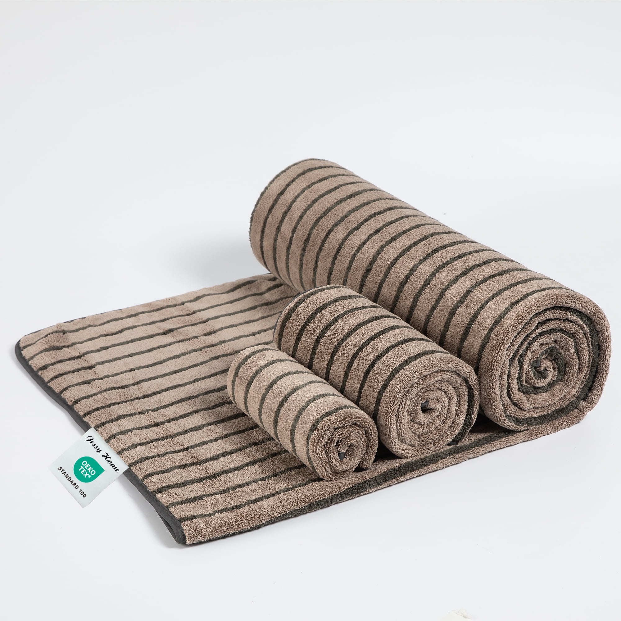 Jessy Home 8 Pcs Dark Brown Bicolor bar Stripe Large Bath Towels Set 2 Oversized Bathroom Towels, 2 Hand Towels, 4 Washcloths