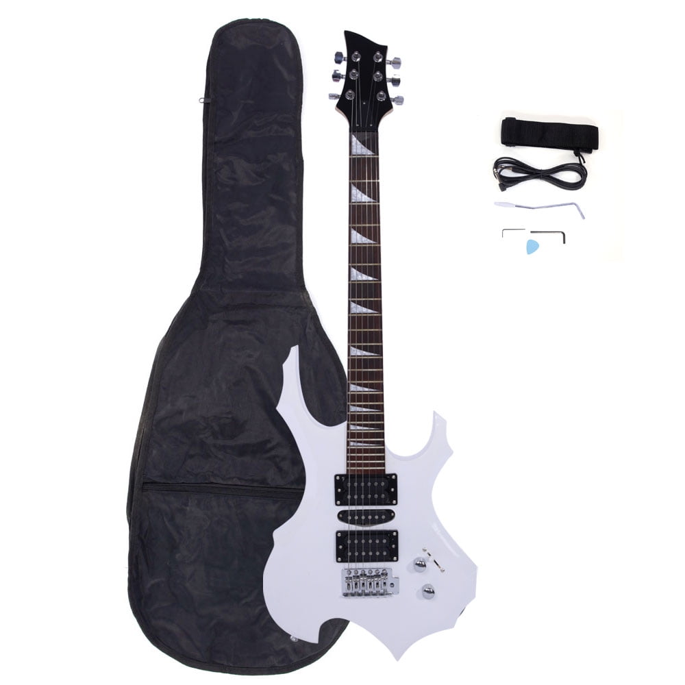 Private Jungle Novice Flame Shaped Electric Guitar HSH Pickup Bag Strap Paddle Rocker Cable Wrench Tool,White