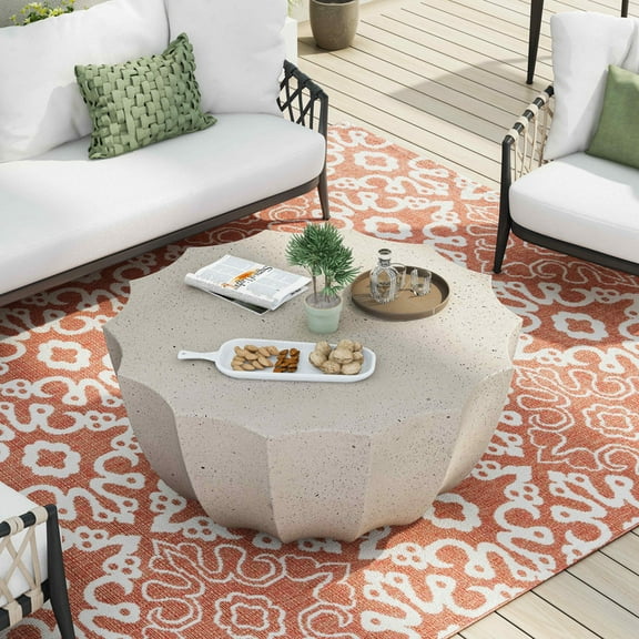 FFH 35.43" Coffee Table for Indoor & Outdoor, Modern Cement Table for Living Room, Patio, Backyards, White