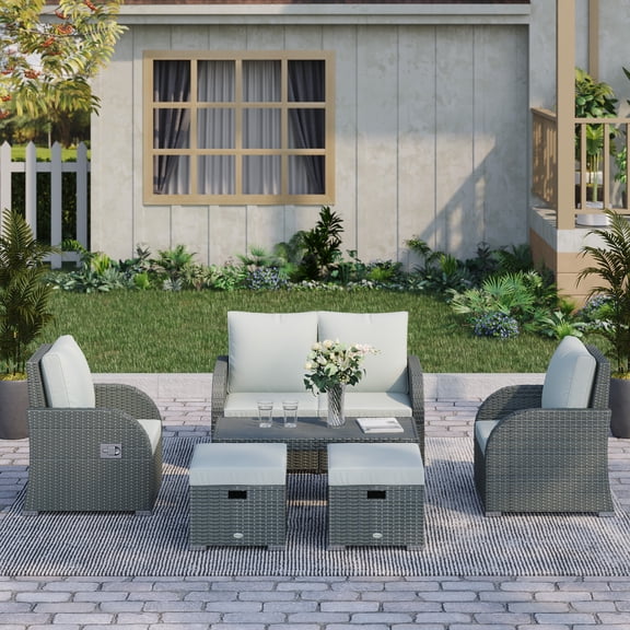 Outsunny 6-PCs Patio Furniture Sets Outdoor Wicker Sofa Set Rattan Angle Adjustable Recline Single Chair Conversation Set, Ottomans, w/Polyester Tea Table Gas Spring & Soft Washable Cushions, Grey