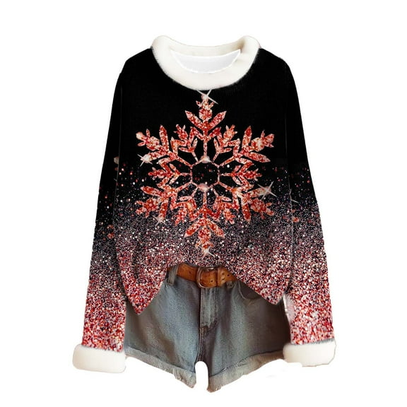 Women's Christmas Sweater Kintted Long Sleeve Fuzzy Fleece Collar Xmas Graphic Pullover Sweaters Top (XL, Red)