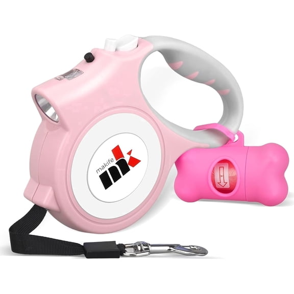 Retractable Dog Leash with Light 15 Poop Bags, Dispenser 16ft Extendable Dog Walking Leash for Small Dogs up to 55 lbs, Non-Slip Handle -Light Pink