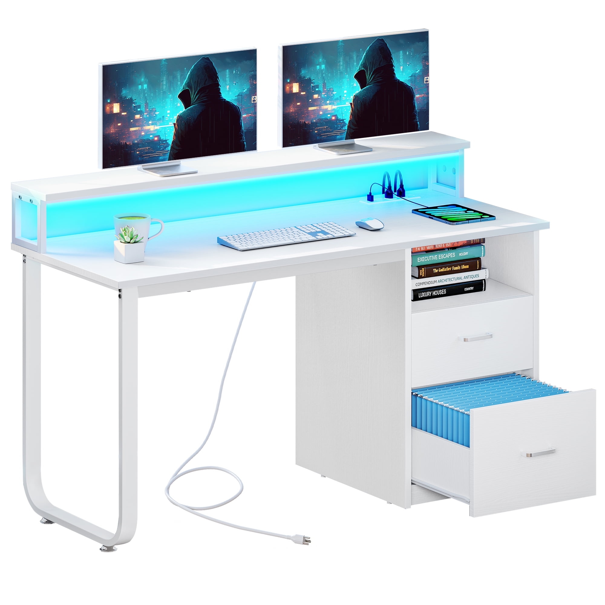Dextrus 47" Computer Desk with Storage Drawers & LED Light, Office Desk with Monitor Stand & Power Outlets, Work Study PC Desk for Small Spaces, Home Office, White