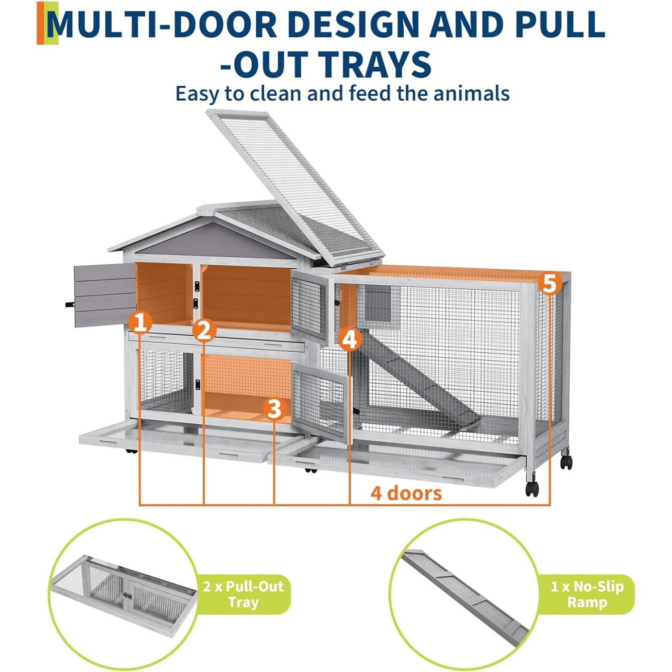 Rabbit Hutch with Weatherproof Roof, Bunny Hutch with 6 Lockable Caster Wheels & Pull-Out Tray, Rabbit Cage for Indoor Outdoor Use