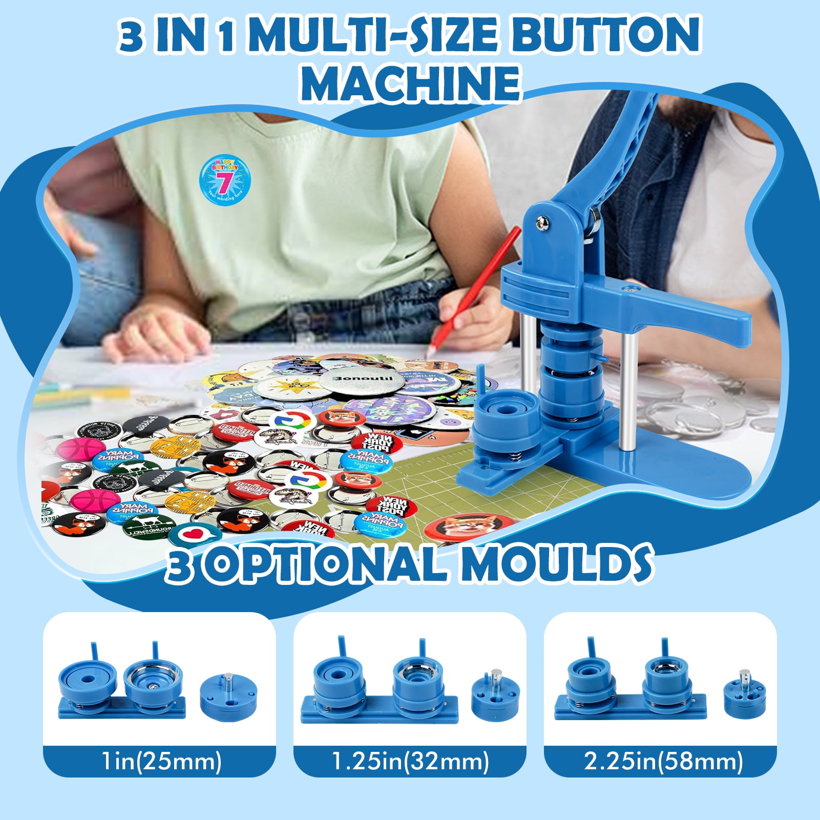 3 in 1 DIY Pin Button Maker Machine 25/32/58mm Badge Press Machine w/300pcs Parts+Cutting Mat，Blue